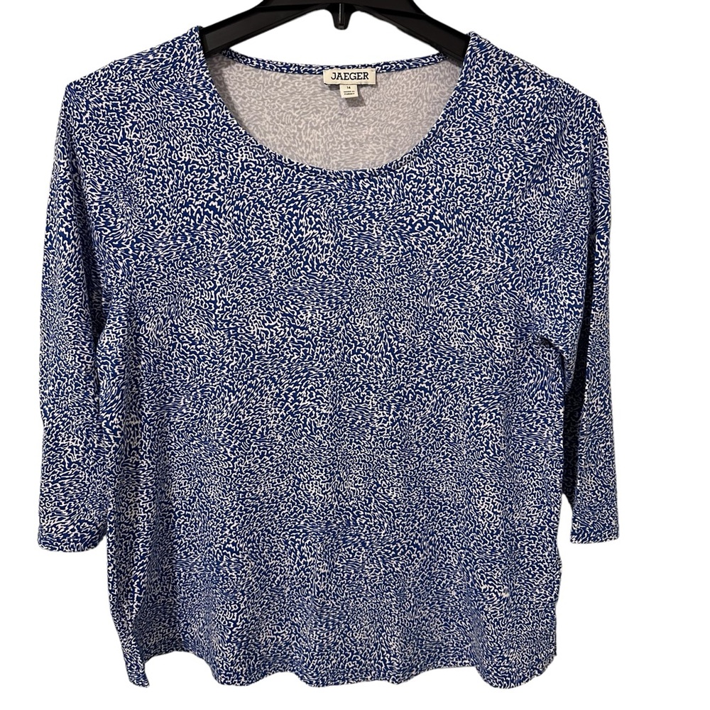 Jaeger Pullover Shirt Top Womens Size 14 Blue & White 3/4 Sleeves